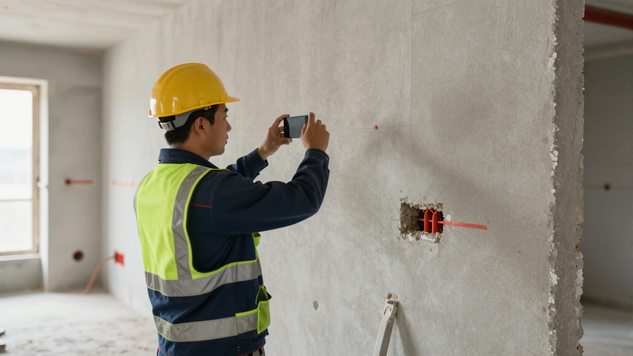 Handwerker fotografiert Planänderung auf der Baustelle zur Dokumentation für einen Nachtrag