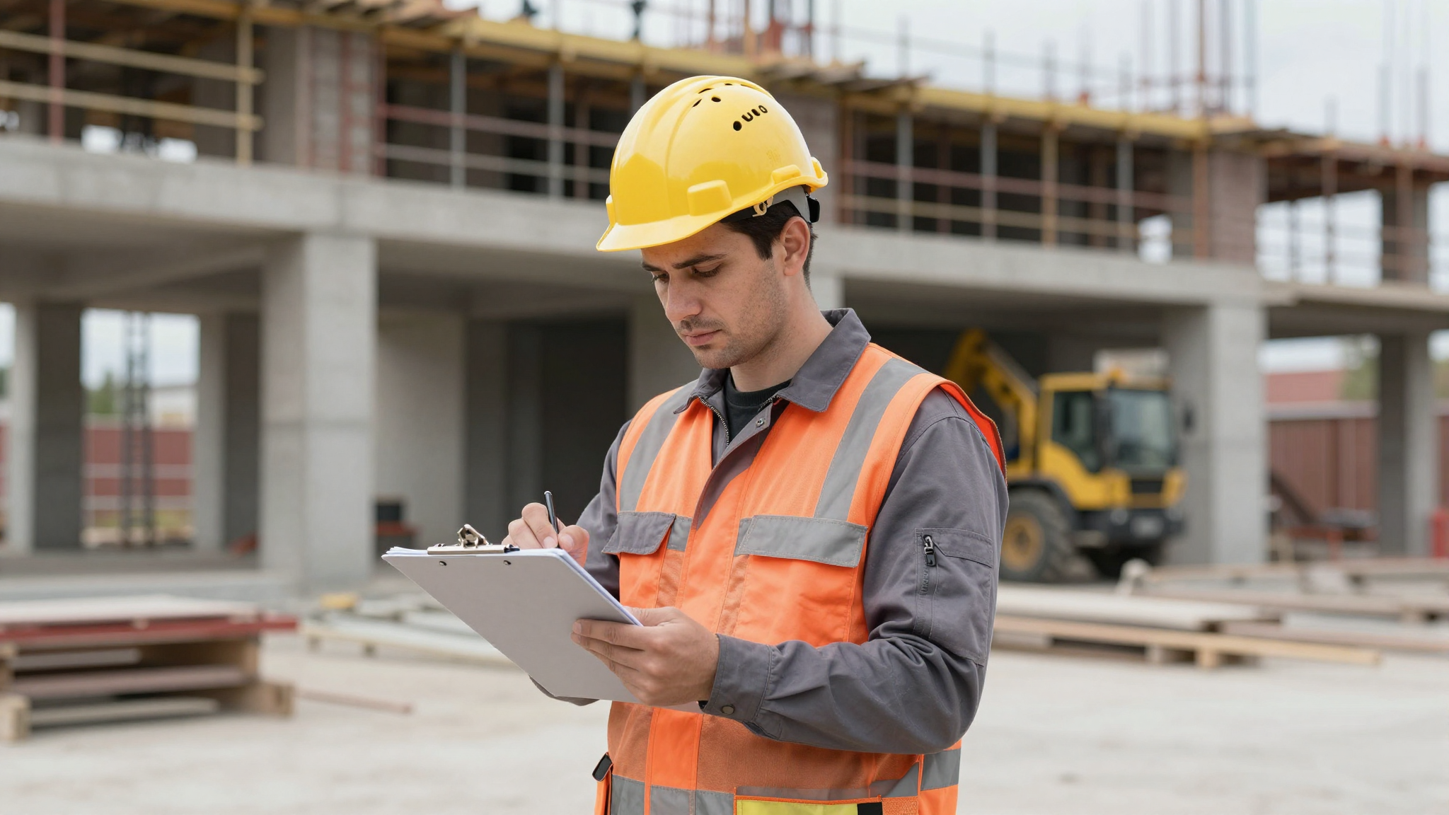 Polier auf einer Baustelle dokumentiert eine Behinderung schriftlich auf einem Klemmbrett