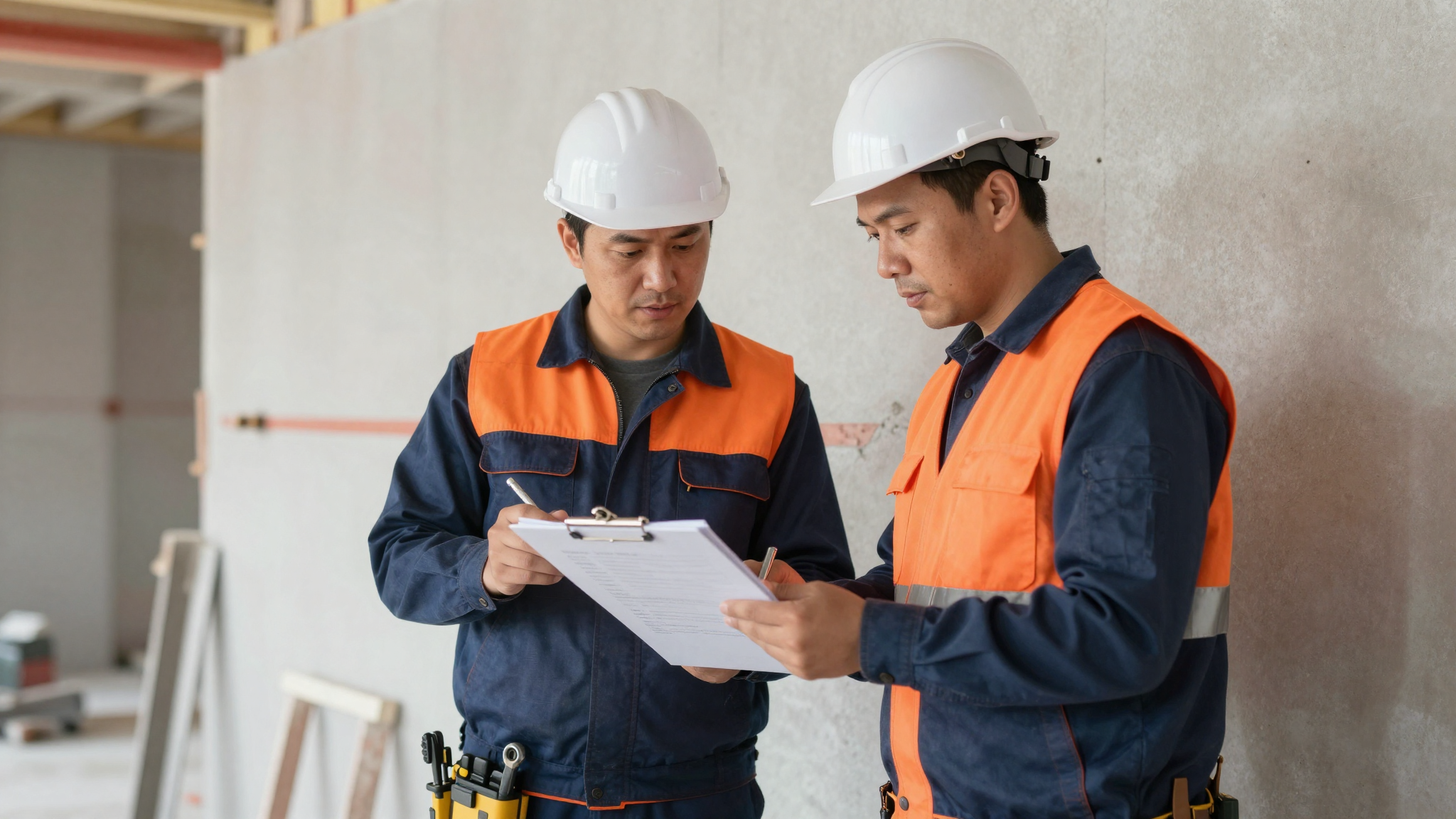 Handwerker auf der Baustelle mit Unterlagen zu Zusatzarbeiten