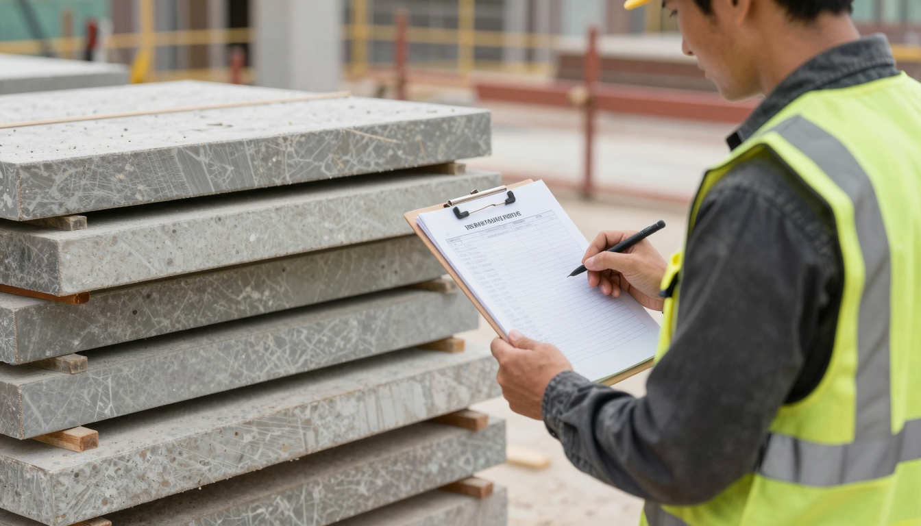 Bauleiter prüft Materialkosten und Unterlagen auf der Baustelle