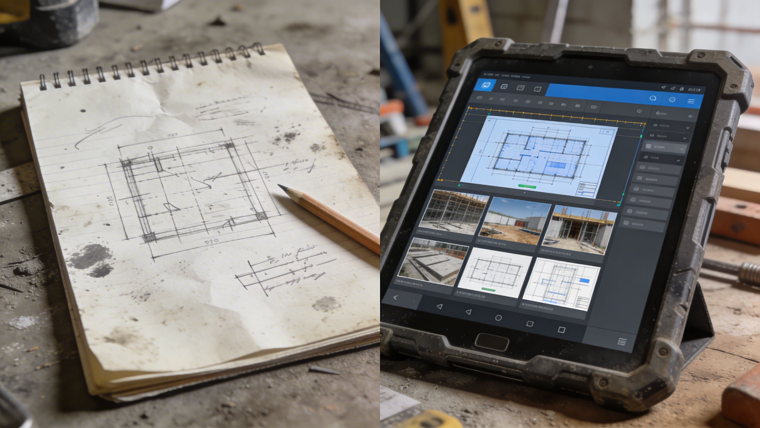 Zwei Bilder: Eines von einem Zeichblock und eines von einem Tablet mit Zeichenapp